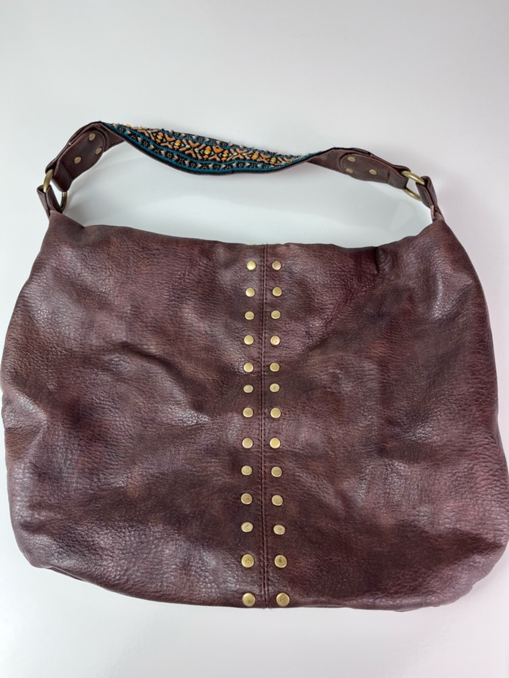 Roxy Brown Faux Leather Hobo Bag Aztec Woven Strap Gold toned Studded Y2K